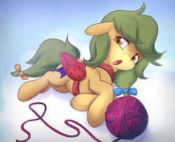 Size: 1280x1038 | Tagged: safe, artist:replacer808, oc, oc only, oc:sugarsnap, earth pony, pony, bow, fake wings, female, hair bow, mare, open mouth, solo, tail bow, yarn, yarn ball