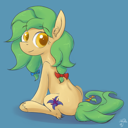 Size: 2480x2480 | Tagged: safe, artist:replacer808, oc, oc only, oc:sugarsnap, earth pony, pony, high res, looking at you, looking back, simple background, sitting, solo