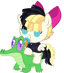 Size: 936x1067 | Tagged: safe, artist:red4567, gummy, songbird serenade, pegasus, pony, g4, my little pony: the movie, baby, baby pony, cute, female, filly, pacifier, ponies riding gators, riding, sia (singer), siabetes, songbetes, songbird serenade riding gummy