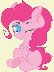 Size: 723x960 | Tagged: safe, artist:hedgehog-plant, pinkie pie, earth pony, pony, g4, :3, female, heart, heart eyes, mare, one eye closed, simple background, sitting, solo, wingding eyes