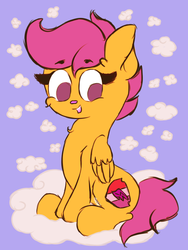 Size: 720x960 | Tagged: safe, artist:hedgehog-plant, scootaloo, pegasus, pony, g4, cloud, cutie mark, female, filly, sitting, solo, the cmc's cutie marks