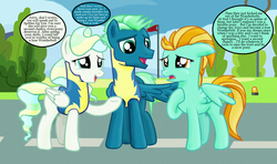 Size: 1562x924 | Tagged: safe, artist:majkashinoda626, lightning dust, sky stinger, vapor trail, pegasus, pony, g4, top bolt, a better ending for lightning dust, brother and sister, clothes, dialogue, engrish, female, male, mare, show accurate, siblings, stallion, uniform, wonderbolt trainee uniform