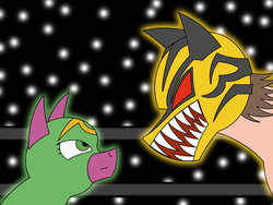 Size: 1129x850 | Tagged: safe, artist:combatkaiser, cherry blossom (g4), g4, cowl, crossover, mask, mystery mare, ponified, pro wrestling, this will end in tears and/or death, tiger mask w, yellow devil