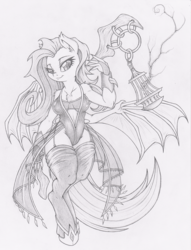 Size: 763x1000 | Tagged: dead source, safe, artist:dfectivedvice, fluttershy, anthro, unguligrade anthro, g4, breasts, busty fluttershy, female, flutterbat, grayscale, halloween, monochrome, nightmare night, sketch, solo