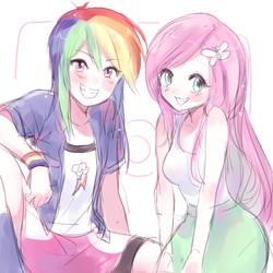 Size: 1000x1000 | Tagged: safe, artist:odaefnyo, fluttershy, rainbow dash, human, g4, blushing, clothes, cute, dashabetes, duo, equestria girls outfit, female, grin, humanized, lesbian, looking at you, ship:flutterdash, shipping, shyabetes, skirt, smiling, tank top