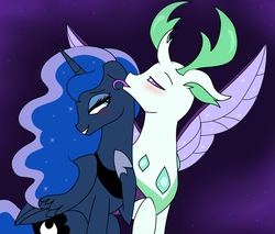 Size: 1260x1074 | Tagged: safe, artist:purfectprincessgirl, princess luna, thorax, alicorn, changedling, changeling, pony, g4, to where and back again, alternate color palette, bedroom eyes, blushing, changeling king, crack shipping, ethereal mane, female, floppy ears, grin, grooming, king thorax, licking, male, mare, raised hoof, ship:thuna, shipping, sitting, size difference, smiling, spread wings, starry mane, straight, tongue out, wingboner