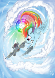 Size: 730x1022 | Tagged: safe, artist:sea-maas, rainbow dash, pegasus, pony, g4, assassin, cloud, fight, rainbow, sky, sonic rainboom