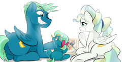 Size: 1050x515 | Tagged: safe, artist:phuocthiencreation, sky stinger, spitfire, vapor trail, oc, oc:joy blaster, pegasus, pony, g4, top bolt, bow, butt, clothes, cropped, cute, family, female, filly, hair bow, looking up, male, mare, next generation, offspring, one eye closed, parent:sky stinger, parent:vapor trail, parents:vaporsky, photo, picture, plot, ponytail, pregnant, prone, raised hoof, ship:vaporsky, shipping, simple background, smiling, stallion, stingerbutt, straight, trailbutt, wink, wonderbolts, wonderbolts uniform