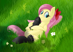 Size: 1280x922 | Tagged: safe, artist:andelai, fluttershy, g4, alternate hairstyle, bow, clothes, cute, female, grass, hair bow, lying, on back, shyabetes, socks, solo