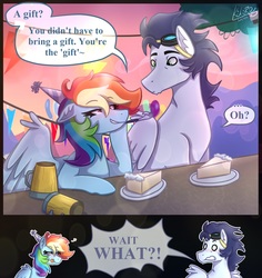 Size: 1648x1748 | Tagged: safe, artist:monnarcha, rainbow dash, soarin', pegasus, pony, g4, 30 day otp challenge, aviator goggles, bedroom eyes, cake, comic, dessert, dialogue, drink, drunk, drunker dash, female, goggles, hat, heart, male, mare, mug, party, party hat, party horn, plate, ship:soarindash, shipping, speech bubble, stallion, straight, tankard, this will end in snu snu, tongue out, wait what