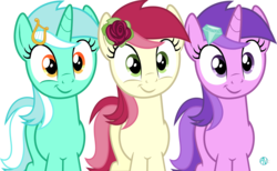 Size: 3000x1845 | Tagged: safe, artist:arifproject, amethyst star, lyra heartstrings, roseluck, sparkler, earth pony, pony, unicorn, g4, awwmethyst star, cute, cutie mark, diamond, female, flower, flower in hair, gem, harp, lyrabetes, mare, musical instrument, rosabetes, rose, show accurate, signature, simple background, smiling, smirk, smirk pone collection, transparent background, trio, trio female, vector