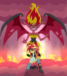 Size: 1670x1887 | Tagged: safe, artist:charliexe, sunset shimmer, equestria girls, g4, badass, dark sky, duality, duo, fire, glowing eyes, pose, possessed, rageset shimmer, sunset satan