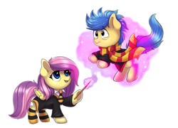 Size: 1867x1344 | Tagged: safe, artist:confetticakez, oc, oc only, oc:ashie, oc:excalibur, pony, clothes, duo, harry potter (series), not fluttershy, parody, scarf, socks, striped socks, wand