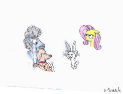 Size: 3296x2502 | Tagged: safe, artist:endlesswire94, angel bunny, fluttershy, oc, oc:endless wire, oc:naphtali, dog, golden retriever, g4, angel is a bunny bastard, arms in the air, clinging, evil smile, fluttershy is not amused, high res, menacing, peeved, prank, pure unfiltered evil, rearing, scared, the chronicles of endless wire, trembling, unamused