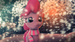 Size: 2560x1440 | Tagged: dead source, safe, artist:amfixer0, pinkie pie, g4, 3d, clothes, cute, female, sad, sadorable, scarf, snow, snowfall, solo, source filmmaker