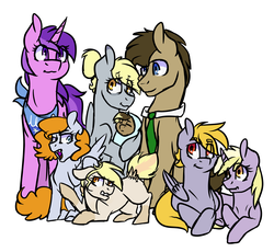 Size: 3800x3500 | Tagged: safe, artist:peppertomb, amethyst star, crackle pop, derpy hooves, dinky hooves, doctor whooves, sparkler, time turner, oc, oc:apollo, oc:artemis, oc:athena, pegasus, pony, g4, family, family photo, female, high res, male, mare, offspring, parent:derpy hooves, parent:doctor whooves, parents:doctorderpy, ship:doctorderpy, shipping, simple background, straight
