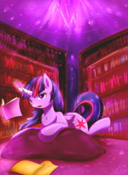 Size: 2000x2741 | Tagged: safe, artist:siranarchy95, twilight sparkle, alicorn, pony, g4, book, bookshelf, curved horn, female, glowing, high res, horn, magic, pillow, solo, telekinesis, twilight sparkle (alicorn)