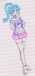 Size: 954x2018 | Tagged: safe, artist:elgatosabio, sonata dusk, equestria girls, g4, belly button, blushing, bra, clothes, female, lined paper, off shoulder, see-through, skirt, socks, solo, tank top, thigh highs, traditional art, underwear