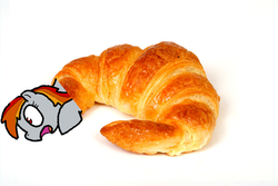 Size: 800x534 | Tagged: safe, artist:pokehidden, edit, oc, oc only, oc:tridashie, bread, croissant, food, photoshop, recolor, solo, wat