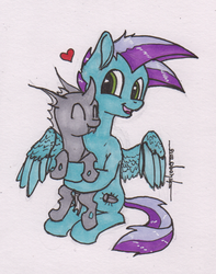 Size: 600x760 | Tagged: safe, artist:shikogo, oc, oc only, oc:lightning bug, changeling, pegasus, pony, cuddling, cute, cuteling, duo, heart, snuggling