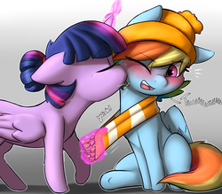Size: 4800x4200 | Tagged: safe, artist:captainpudgemuffin, rainbow dash, twilight sparkle, alicorn, pegasus, pony, g4, absurd resolution, alternate hairstyle, blushing, captainpudgemuffin is trying to murder us, cheek kiss, clothes, cute, dashabetes, duo, duo female, eyebrows, eyebrows visible through hair, female, floppy ears, fluffy, folded wings, glowing, glowing horn, hair bun, hat, horn, kissing, lesbian, levitation, magic, magic aura, mare, one eye closed, open mouth, raised hoof, scarf, ship:twidash, shipping, sitting, squishy cheeks, striped scarf, telekinesis, twiabetes, twilight sparkle (alicorn), wings, wink