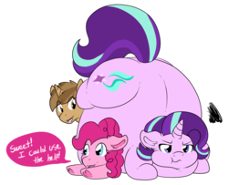 Size: 1280x1040 | Tagged: safe, artist:adoeable, pinkie pie, starlight glimmer, oc, oc:blurblob, pony, unicorn, g4, :s, ass, belly, belly bed, big belly, butt, chubby cheeks, dialogue, face down ass up, fat, female, grumpy, heart, hoof heart, horn, immobile, impossibly large belly, large butt, lidded eyes, mare, morbidly obese, obese, open mouth, plot, scrunchy face, simple background, smiling, starlard glimmer, transparent background, tumblr, wavy mouth, weight gain