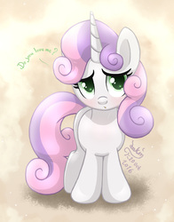 Size: 1020x1300 | Tagged: safe, artist:joakaha, sweetie belle, pony, unicorn, g4, blushing, bronybait, cute, dialogue, diasweetes, female, filly, looking at you, looking up, looking up at you, open mouth, puppy dog eyes, signature, solo