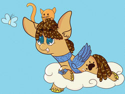 Size: 1024x768 | Tagged: safe, artist:hedgehog-plant, oc, oc only, oc:catnap, butterfly, cat, earth pony, pony, artificial wings, augmented, cloud, mechanical wing, prone, unshorn fetlocks, wings