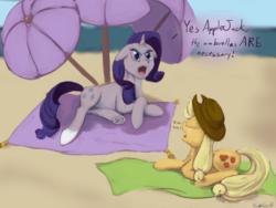 Size: 1280x960 | Tagged: safe, artist:causticeichor, applejack, rarity, g4, beach, floppy ears, summer, umbrella