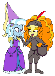 Size: 765x1044 | Tagged: safe, artist:ktd1993, adagio dazzle, trixie, equestria girls, g4, armor, bedroom eyes, clothes, dress, fantasy class, female, heart eyes, knight, lesbian, looking at each other, open mouth, princess, shipping, simple background, smiling, transparent background, triagio, warrior, wingding eyes