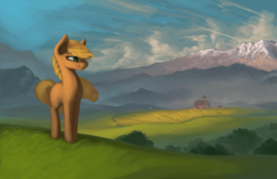 Size: 1920x1242 | Tagged: safe, artist:rain-gear, applejack, earth pony, pony, g4, farm, female, mare, missing accessory, missing cutie mark, mountain, scenery, solo