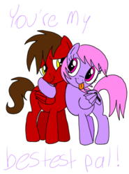 Size: 672x906 | Tagged: safe, artist:toyminator900, oc, oc only, oc:chip, oc:melody notes, pegasus, pony, :p, duo, hug, melochip, simple background, smiling, tongue out, transparent background