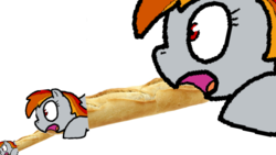 Size: 1920x1080 | Tagged: safe, artist:pokehidden, oc, oc only, oc:tridashie, pony, banned from equestria daily, 1000 years in photoshop, baguette, bread, creepy, food, recolor, solo, wat, weird