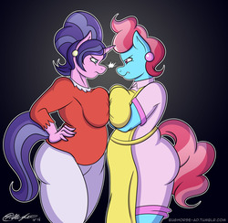 Size: 1280x1250 | Tagged: safe, alternate version, artist:sketchybug, cookie crumbles, cup cake, earth pony, anthro, g4, ass, bbw, big breasts, breasts, busty cookie crumbles, busty cup cake, butt, chubby, clothes, explicit source, fat, female, plump, symmetrical docking, thick cup cake