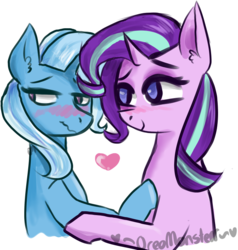 Size: 716x752 | Tagged: safe, artist:oreomonsterr, starlight glimmer, trixie, pony, unicorn, g4, blushing, bust, female, heart, lesbian, looking back, mare, scrunchy face, ship:startrix, shipping, simple background, smiling, transparent background