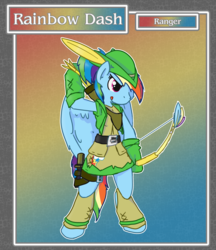 Size: 1688x1950 | Tagged: safe, artist:brownie-bytes, rainbow dash, anthro, g4, archer dash, arrow, bow (weapon), bow and arrow, clothes, crossover, female, final fantasy, knife, ranger, solo, weapon