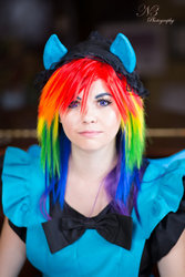 Size: 800x1200 | Tagged: safe, artist:destinycosplay, artist:n3photography, rainbow dash, human, g4, clothes, cosplay, costume, irl, irl human, photo, solo