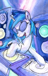 Size: 1535x2423 | Tagged: safe, artist:autobotchari, dj pon-3, vinyl scratch, g4, female, solo, speaker, traditional art, turntable