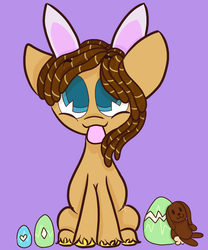 Size: 797x960 | Tagged: safe, artist:hedgehog-plant, oc, oc only, oc:catnap, earth pony, pony, bunny ears, egg, simple background, sitting, solo, tongue out, unshorn fetlocks