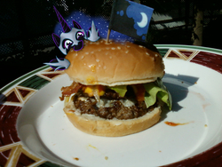 Size: 1600x1200 | Tagged: safe, artist:testostepone, nightmare moon, g4, burger, food, hamburger, irl, micro, photo, ponies eating meat, ponies in real life, solo