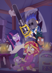Size: 885x1250 | Tagged: safe, artist:dm29, flash sentry, sci-twi, spike, spike the regular dog, sunset shimmer, timber spruce, twilight sparkle, dog, equestria girls, g4, my little pony equestria girls: legend of everfree, camp everfree, chainsaw, clothes, halloween, horror, nightmare night, pajamas, screaming, welding mask