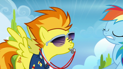 Size: 1280x720 | Tagged: safe, screencap, rainbow dash, spitfire, pegasus, pony, g4, top bolt, aviator sunglasses, blowing, blowing whistle, cringing, drill sergeant, duo, duo female, female, spitfire's whistle, sunglasses, that pony sure does love whistles, whistle, whistle necklace