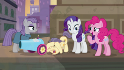 Size: 1920x1080 | Tagged: safe, screencap, maud pie, pinkie pie, rarity, street rat, earth pony, pony, g4, my little pony: friendship is magic, the gift of the maud pie, manehattan, party cannon, street