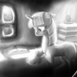 Size: 3000x3000 | Tagged: safe, artist:scayged, twilight sparkle, g4, book, candle, female, monochrome, solo