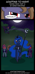 Size: 960x2000 | Tagged: safe, artist:terminuslucis, princess luna, oc, oc:mobius, alicorn, bat pony, pony, undead, unicorn, vampire, vampony, comic:adapting to night, comic:adapting to night: saving pinch, g4, armor, armored pony, big damn heroes, blue eye, colored wings, comic, crossbow, dhampir, everfree forest, forest, full moon, glowing eyes, glowing horn, heterochromia, horn, imminent death, magic, moon, night, night guard, night sky, now you fucked up, oc villain, princess of the night, red eye, red eyes, scythe, sky, tail, telekinesis, this will end in death, this will end in pain, tree, two toned mane, two toned tail, two toned wings, wings