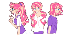 Size: 1195x602 | Tagged: safe, artist:dusty-munji, sunset shimmer, human, equestria girls, g4, alternate hairstyle, cute, female, humanized, pigtails, ponytail, shimmerbetes, short hair, simple background, solo, twin braids