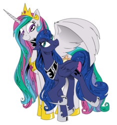 Size: 3000x3208 | Tagged: safe, artist:andy price, artist:brunursus, princess celestia, princess luna, g4, high res, jewelry, looking at each other, looking back, looking down, looking up, raised hoof, regalia, simple background, smiling, spread wings, transparent background, vector