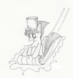Size: 1168x1248 | Tagged: safe, artist:arctic-lux, twilight sparkle, g4, female, hat, monochrome, sled, solo, toboggan, top hat, traditional art