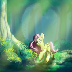 Size: 2048x2048 | Tagged: safe, artist:thedevilcave, fluttershy, pony, g4, female, folded wings, forest, high res, looking away, looking up, open mouth, solo, walking
