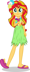 Size: 1098x2575 | Tagged: safe, artist:punzil504, sunset shimmer, equestria girls, g4, clothes, clothes swap, cute, feet, female, flower, flower in hair, grass skirt, hawaiian, hula, hulashimmer, lei, looking at you, sandals, shimmerbetes, simple background, solo, transparent background, vector